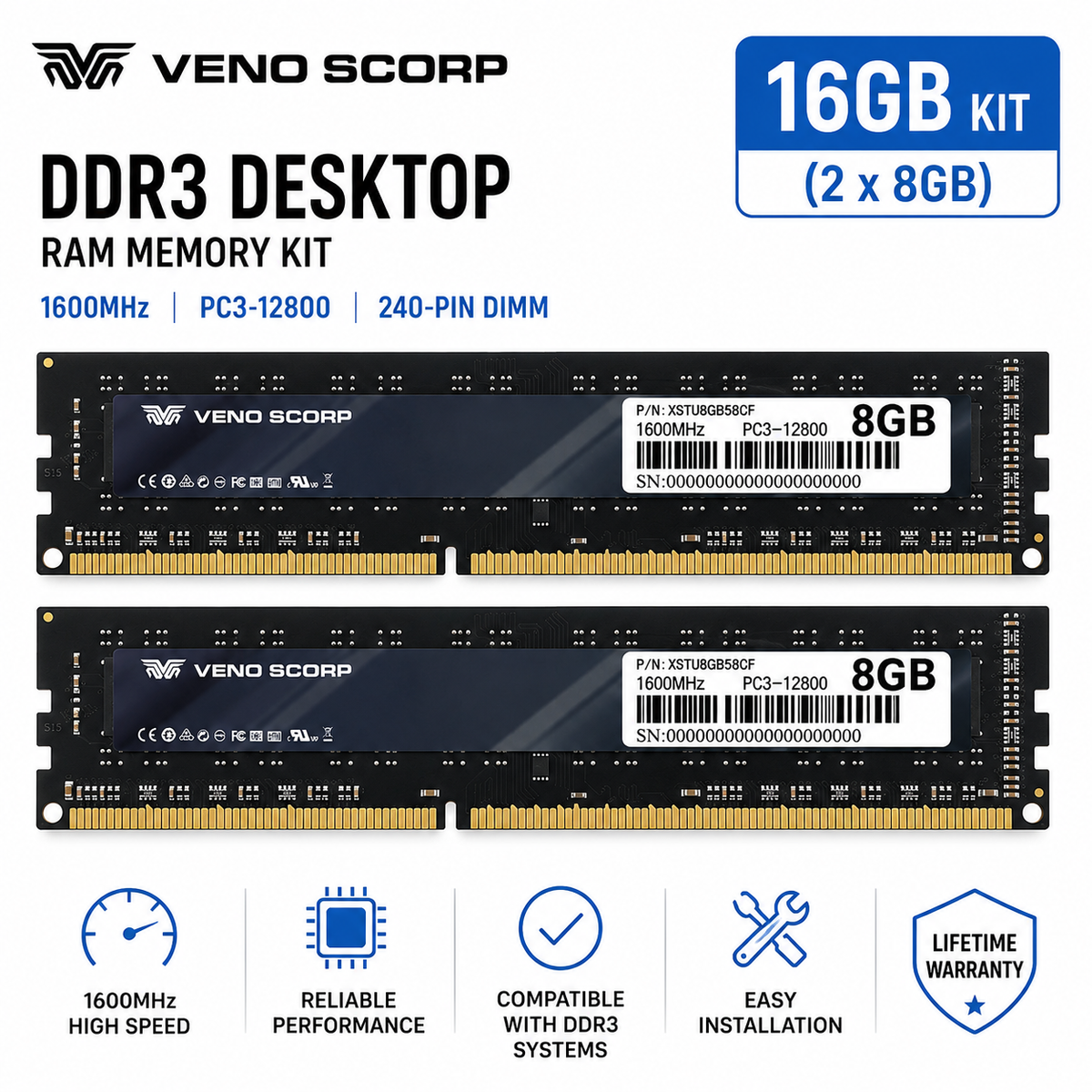 Veno Scorp DDR3 1600MHz Desktop RAM - 8GB / 16GB PC3-12800 DIMM